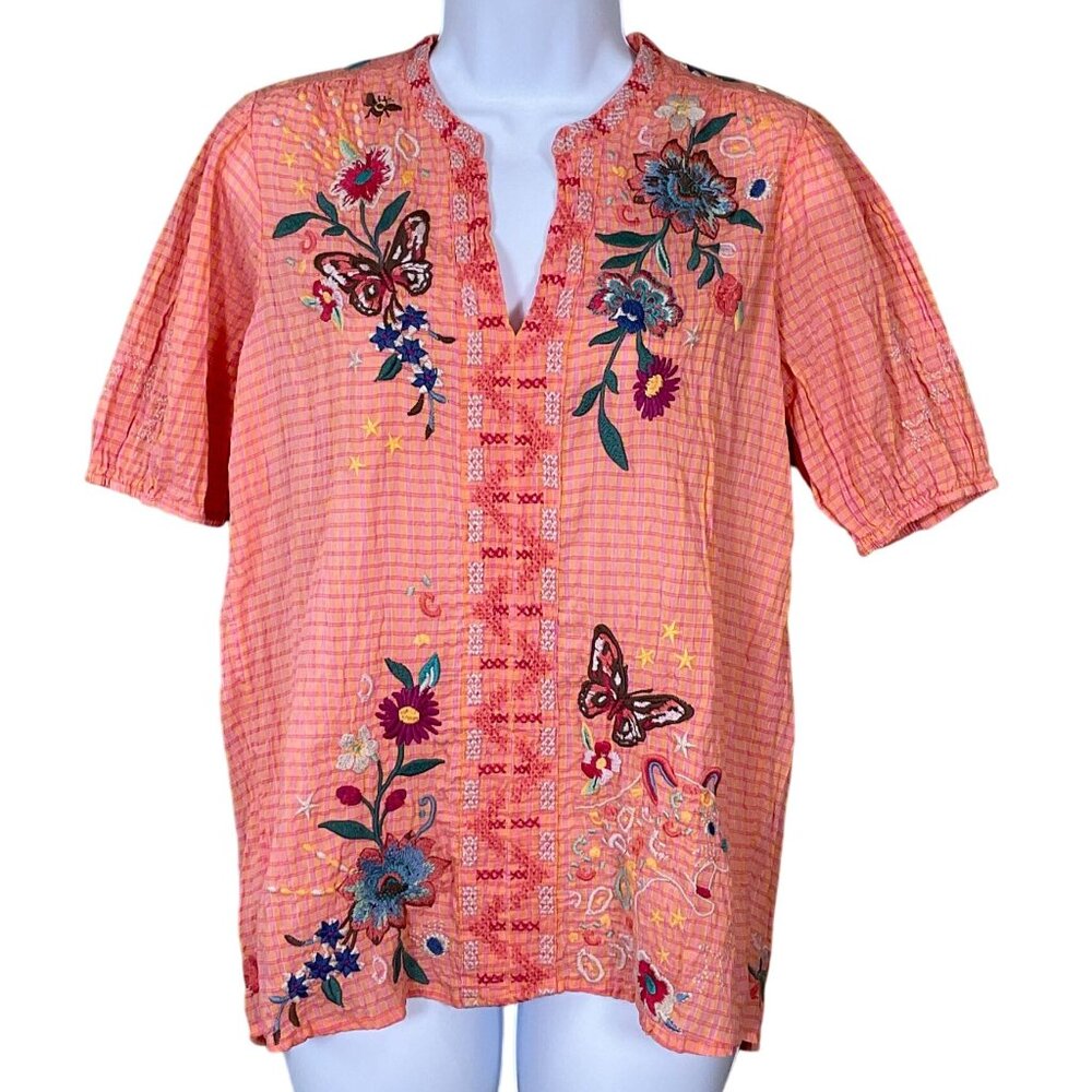 Johnny Was Workshop Olinda Puff Sleeve Effortless Blouse Embr Florals XS NWT